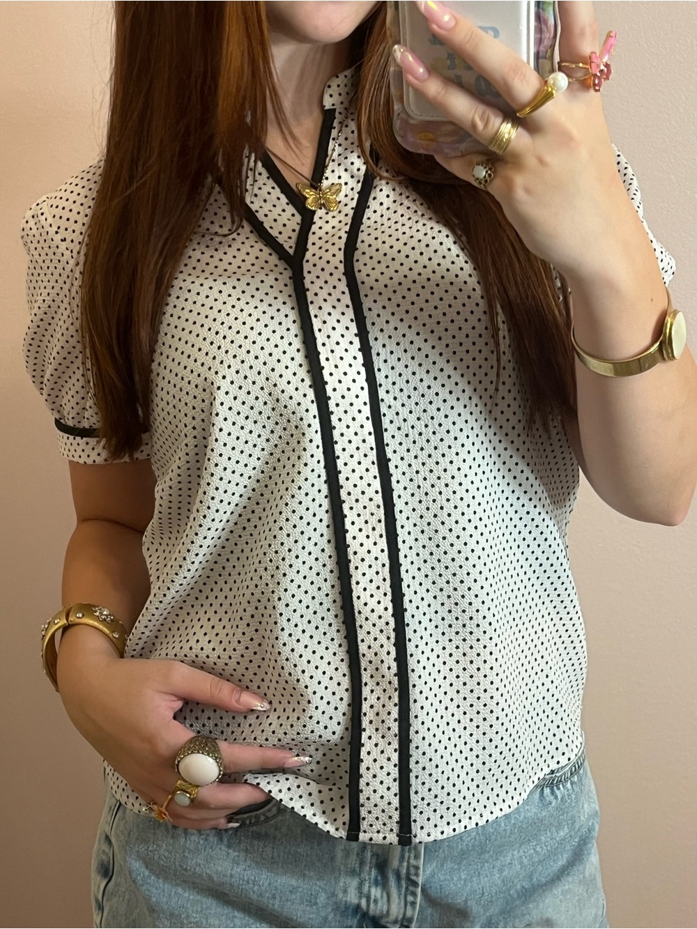Monteau White Polka Dot Short Sleeve Blouse with Black Trim
